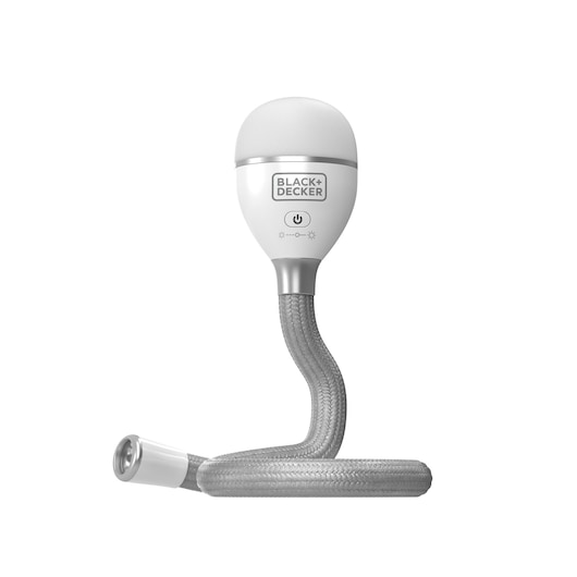 BLACKDECKER BDCFSL01 flexible photography light, silver braided hose, front angle on white background.
