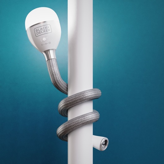 BLACK+DECKER BDCFSL01 flexible LED lamp wrapped around a white pole, blue background.