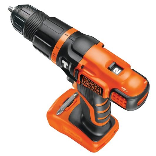A BLACK+DECKER 18V cordless power drill with an orange and black design. The drill features a variable speed trigger, ergonomic handle, and a rechargeable lithium battery base. There is a BLACK+DECKER logo visible on the side.