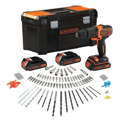 BLACK+DECKER cordless drill set with three 18V lithium batteries, a black and orange tool box, a variety of drill bits, screwdriver bits, socket attachments, and wall plugs.