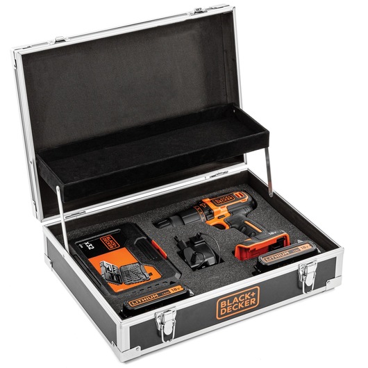 BLACKDECKER BDCHD18B2FC cordless drill set with two batteries, charger, and accessories in black carrying case, angled view.