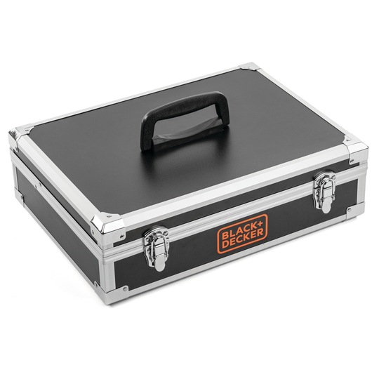 Photo of BLACK+DECKER BDCHD18B2FC black metal tool case with handle and silver edges, front angle on white.