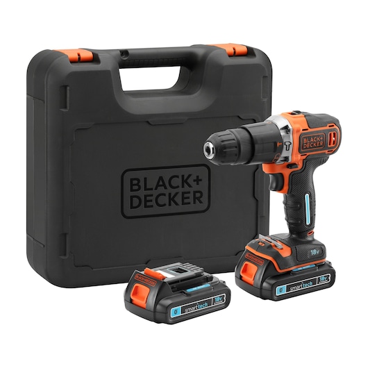 BLACK+DECKER cordless drill driver set with two 18V smart tech batteries and a black carrying case.