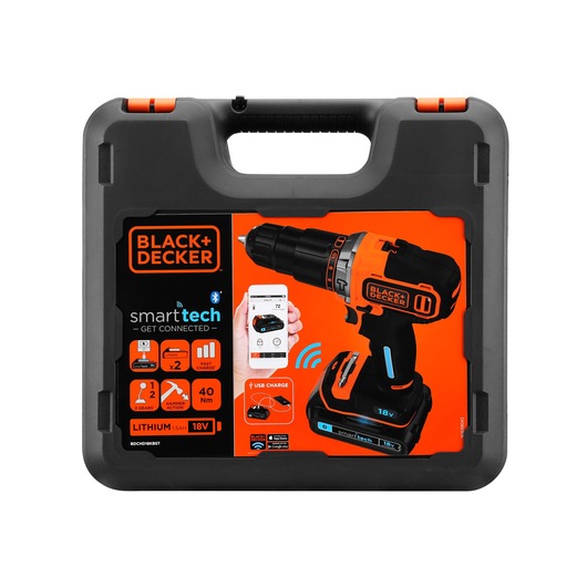 A BLACK+DECKER smart cordless drill with hammer action shown on the front of a black and orange carrying case. The image highlights Bluetooth connection, USB charging, lithium 18V battery, two gear settings, and smartphone compatibility.