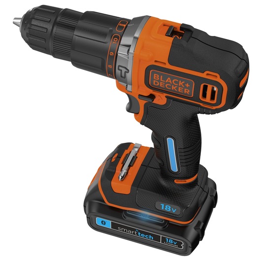 A BLACK+DECKER cordless power drill with an 18V lithium battery, featuring orange and black design with smart tech functionality.