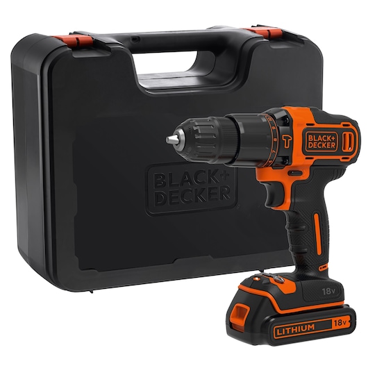 BLACK+DECKER BDCHD18K cordless drill with black and orange design and carrying case, front angle on white background.