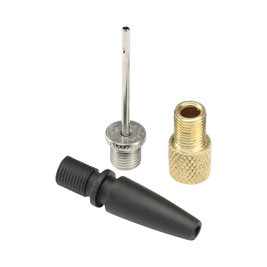 BLACKDECKER BDCINF18N inflator nozzle and adapter set, brass and black, front angle on white background.