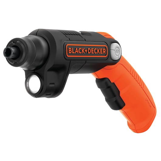 Photo of BLACK+DECKER BDCSFL20C cordless screwdriver with built-in LED light, angled view on white background.