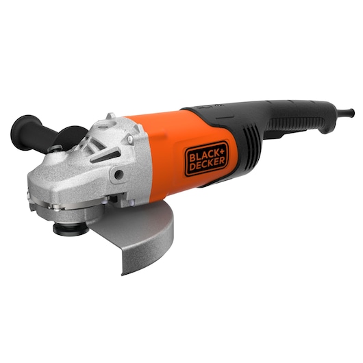 Front-side view of the BLACK+DECKER® 2200W 230mm Electric Large Angle Grinder.