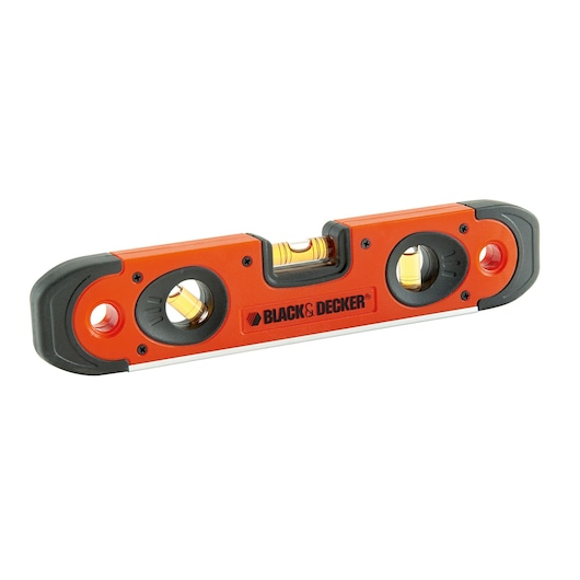 A BLACK+DECKER branded spirit level tool with an orange and black design. The tool features three bubble vials for measuring horizontal and vertical alignment.