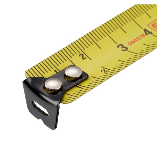 BLACKDECKER BDHT84002 close-up of yellow tape measure with black metal hook and clear measurement markings, white background.