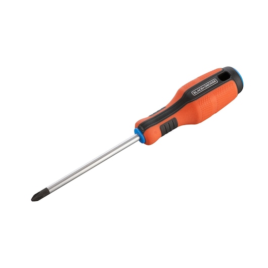 A BLACK+DECKER Phillips screwdriver with an orange and black ergonomic handle and a metal shaft.