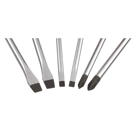 BLACKDECKER BDHT84014 set of six chrome steel screwdrivers, flat and Phillips heads, front angle on white background.