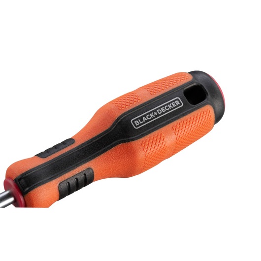 BLACK+DECKER BDHT84014 screwdriver handle, orange and black rubber grip, side angle on white background.