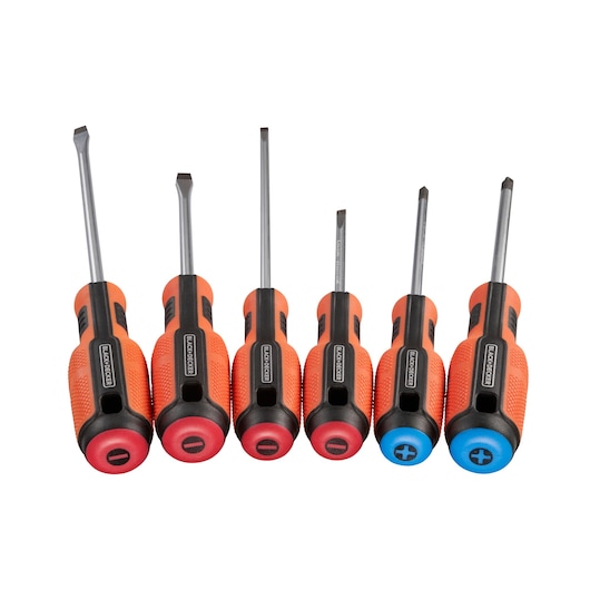 BLACKDECKER BDHT84014 screwdriver set with six orange and black ergonomic handles, slotted and Phillips tips, front view.