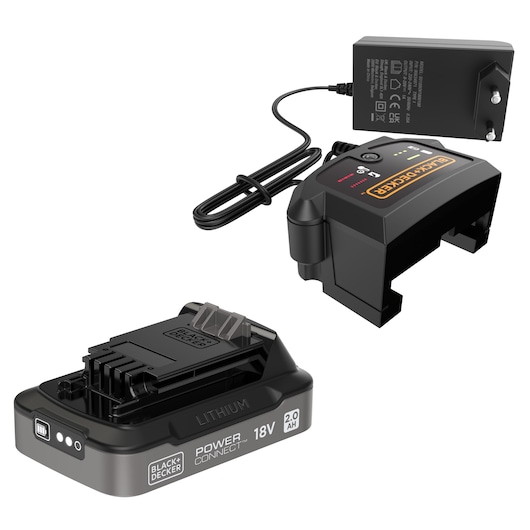 BLACK+DECKER 18V lithium-ion battery, battery charger, and power adapter set for cordless tools. The charger has indicator lights and branding, and the battery shows POWERCONNECT and 2.0 Ah capacity.