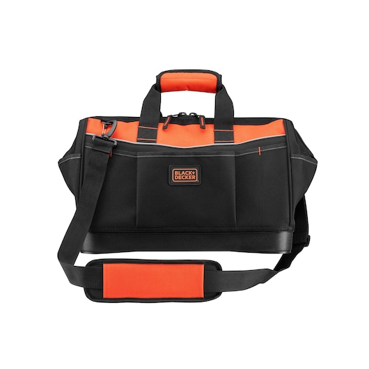 A BLACK+DECKER black and orange tool bag with multiple pockets, carrying handles, and an adjustable shoulder strap.