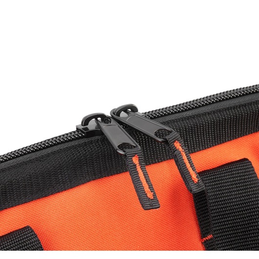 BLACKDECKER BDST83002 tool bag close-up with black double zipper and orange fabric, front angle.