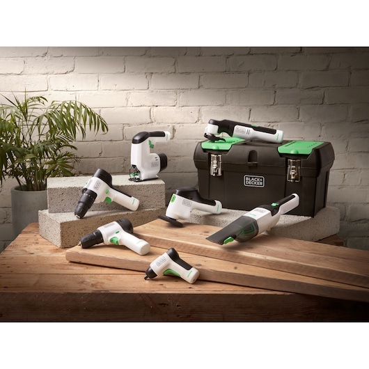 Photo of BLACK+DECKER REVHV8J40 cordless tool set with white and black tools and green accents, arranged with toolbox.