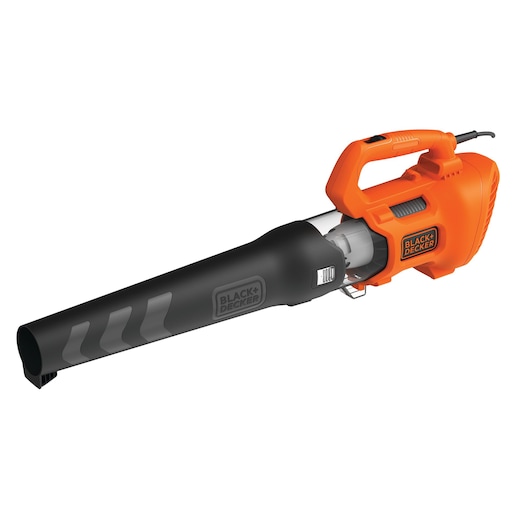 A BLACK+DECKER electric leaf blower with an orange body and black nozzle, shown against a white background.
