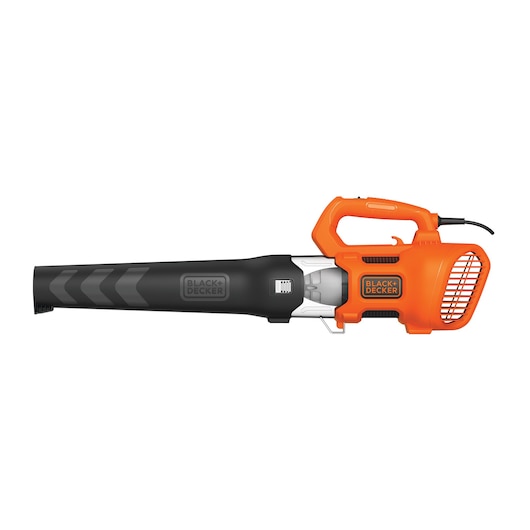 A BLACK+DECKER electric leaf blower, model BEBL185, with an orange and black design and a corded handle.