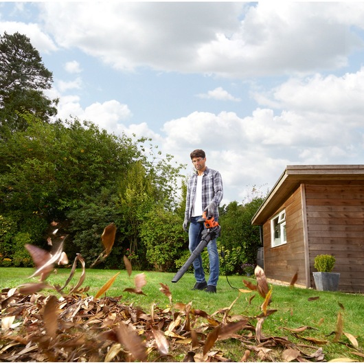 BLACKDECKER BEBLV301 leaf blower in use outdoors clearing leaves from lawn near wooden shed.