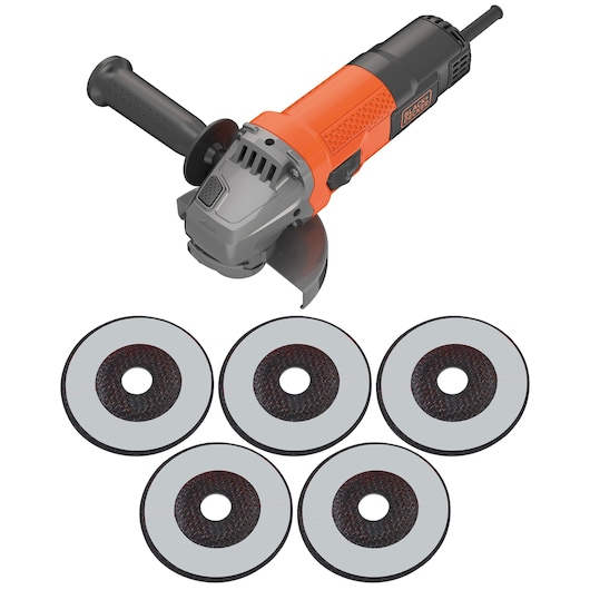 A BLACK+DECKER electric angle grinder with an orange and black design, shown with six grinding discs arranged below the tool.