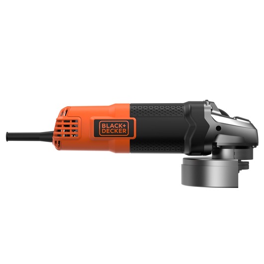 Photo of BLACK+DECKER BEG220 angle grinder, orange and black, side view on white background.