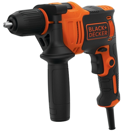 A BLACK+DECKER electric drill with an orange and black body, a side handle, and a corded power supply.