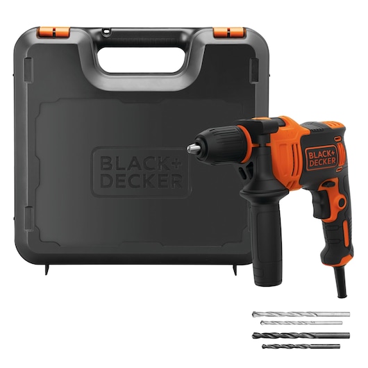 BLACK+DECKER corded hammer drill BEH710K with black carrying case and three drill bits, front angle on white background.