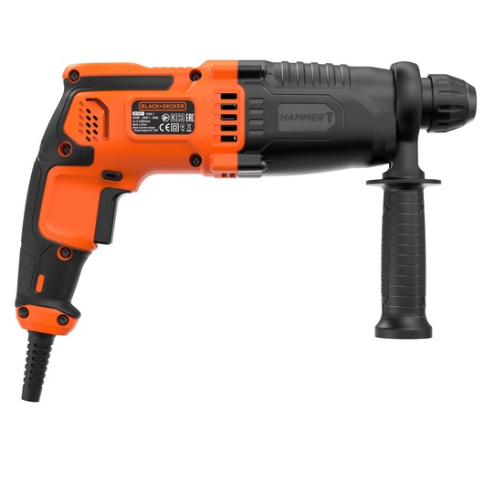 A BLACK+DECKER electric hammer drill with an orange and black body, featuring a side handle for extra grip and control.