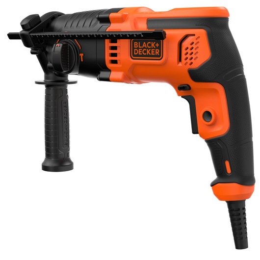 A BLACK+DECKER branded orange and black corded electric hammer drill with a side handle and depth gauge.