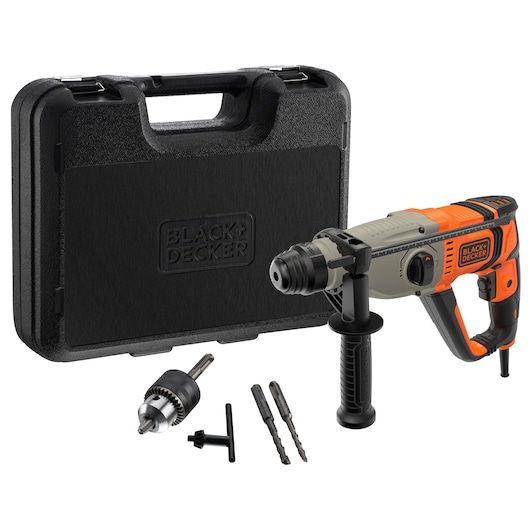 A BLACK+DECKER rotary hammer drill set, including an orange and black hammer drill, a black carrying case, a drill chuck with a key, and two drill bits.