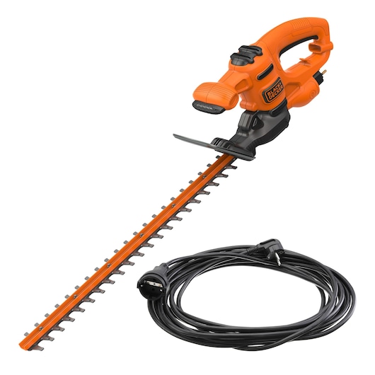 An orange and black electric hedge trimmer with a long blade and an included power cord, displayed against a white background.