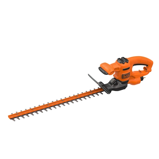 Electric orange and black hedge trimmer with long blade, ergonomic handle, and BLACK+DECKER branding, placed on a white background.