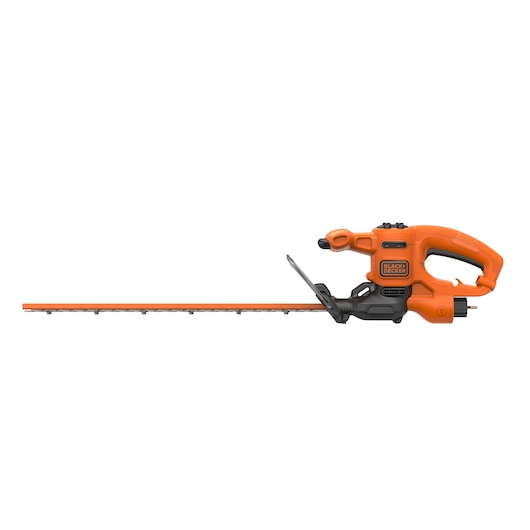Orange and black BLACK+DECKER electric hedge trimmer with long blade and ergonomic handle, shown from the side.