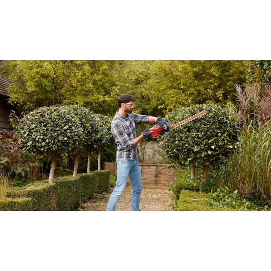 Person using BLACK+DECKER BEHT251C10 hedge trimmer to trim bushes in a garden.