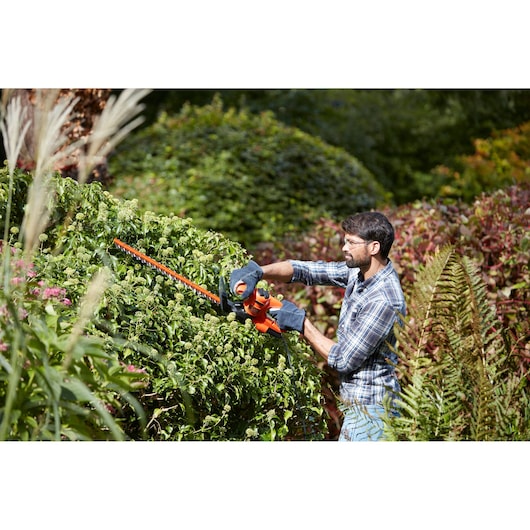 Photo of person trimming hedge with BLACKDECKER hedge trimmer BEHT251 outdoors.