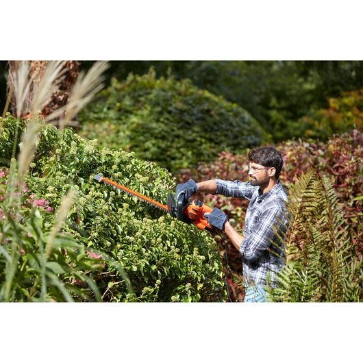 BLACKDECKER BEHTS301 hedge trimmer used outdoors by person in gloves, trimming green bushes.