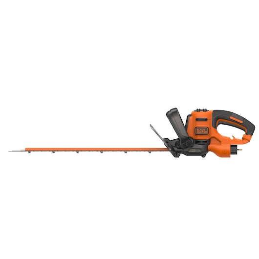 A BLACK+DECKER electric hedge trimmer with an orange and black body, featuring a long blade and ergonomic handle, designed for trimming and shaping hedges.