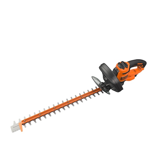Electric hedge trimmer with orange and black handle and long blade, shown against a white background.