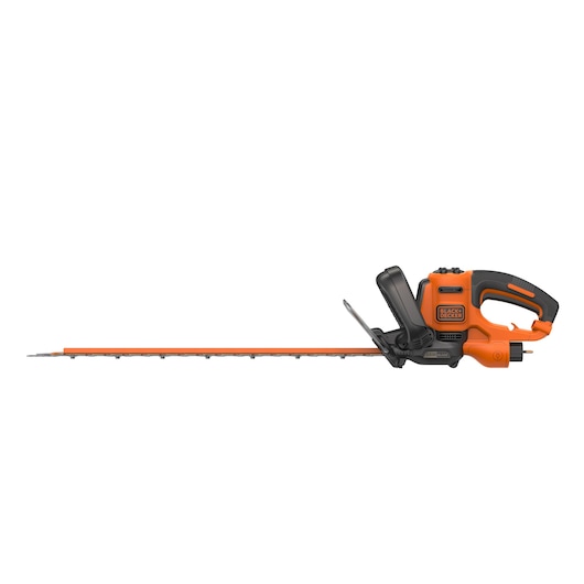 Side view of a BLACK+DECKER electric hedge trimmer with an orange and black design, showing a long blade and ergonomic handle.