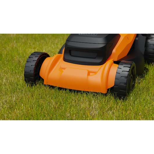 Photo of BLACKDECKER BEMWP400-QS orange and black lawn mower on grass, front-side view.