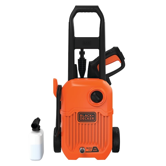 An orange and black BLACK+DECKER pressure washer with a handle, hose, and trigger gun, shown standing upright. A white detergent bottle attachment is placed next to the unit.