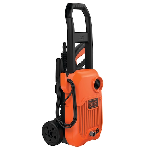 A BLACK+DECKER orange and black portable pressure washer with wheels, upright handle, and hose attachment. The unit is designed for easy mobility and outdoor cleaning tasks.