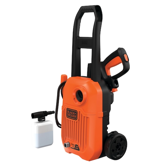 BLACK+DECKER BEPW1750 portable pressure washer with orange and black casing, wheels for easy movement, detachable handle, and a soap dispenser bottle.