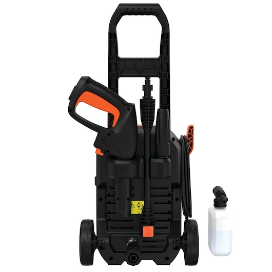 BLACK+DECKER BEPW1750 pressure washer shown upright with handle, wheels, hose, trigger gun, and accessory bottle attached on the side. The unit is mainly black with orange accents.