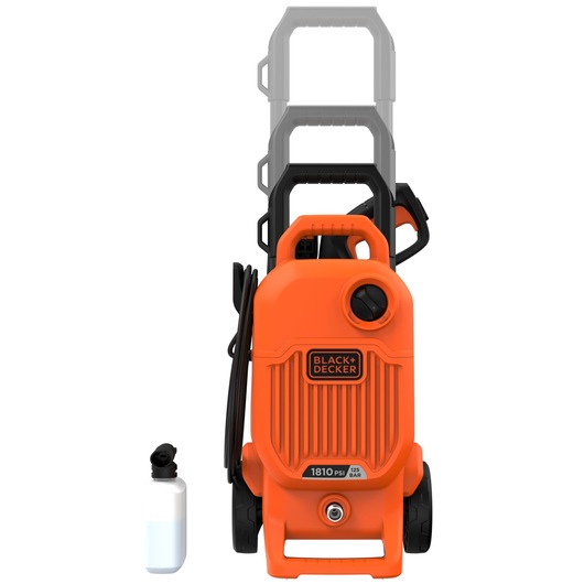 BLACK+DECKER BEPW1700 pressure washer with orange body, adjustable handle, hose, and detergent bottle, front angle.