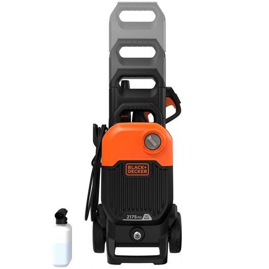BLACKDECKER BEPW2000 pressure washer front view, orange and black with removable detergent bottle.