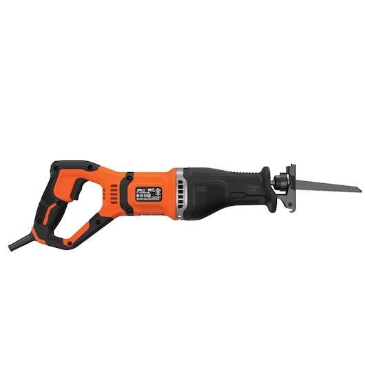 A BLACK+DECKER BES301 reciprocating saw with an orange and black body, shown from the side with a visible blade and power cord.